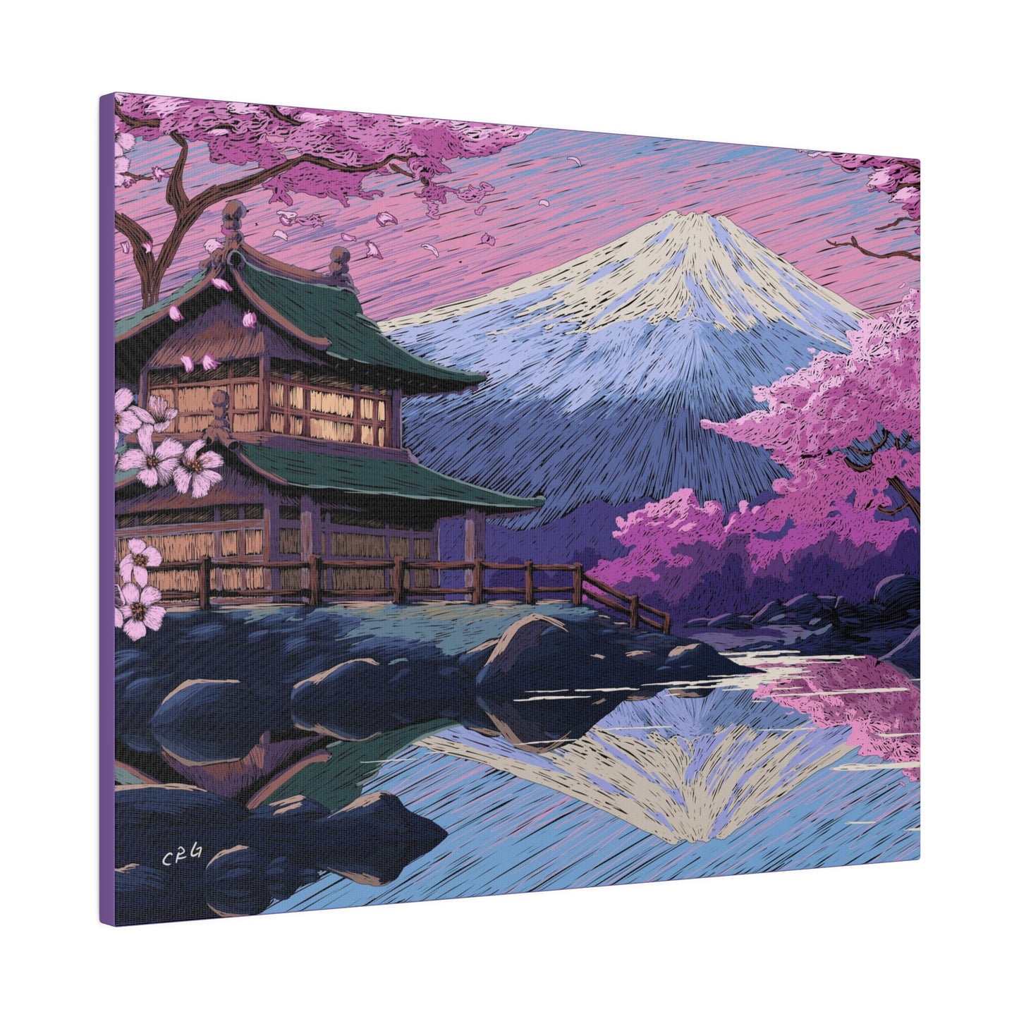 a painting of a house with a mountain in the background