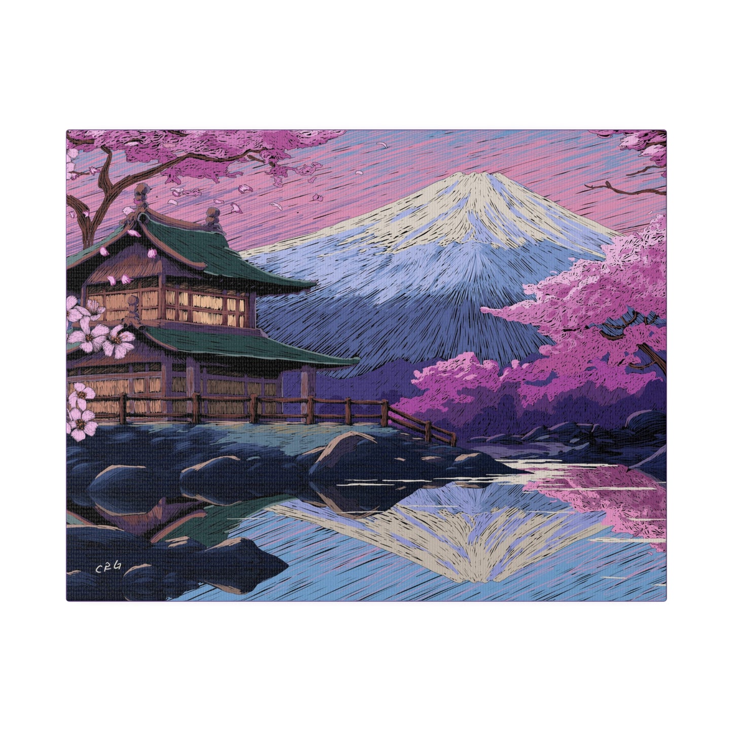 a painting of a house with a mountain in the background