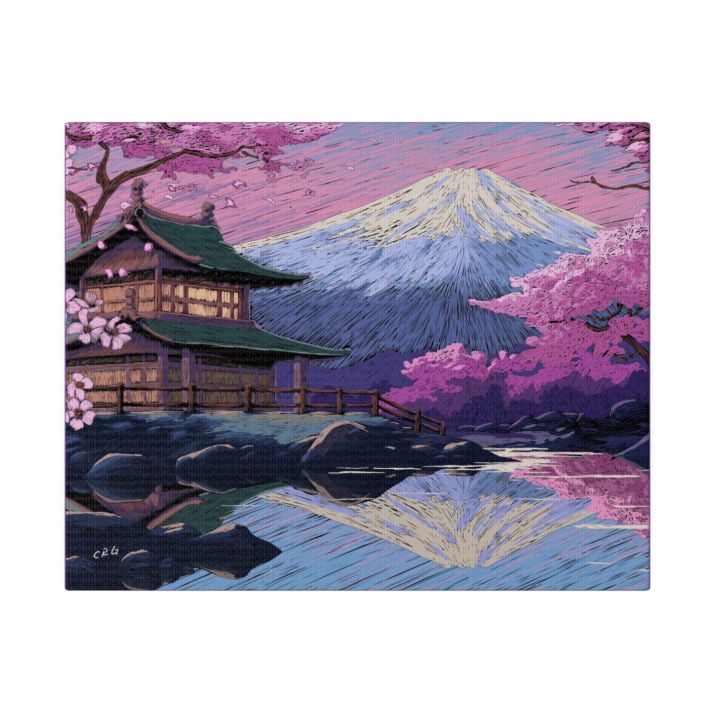 a painting of a house with a mountain in the background