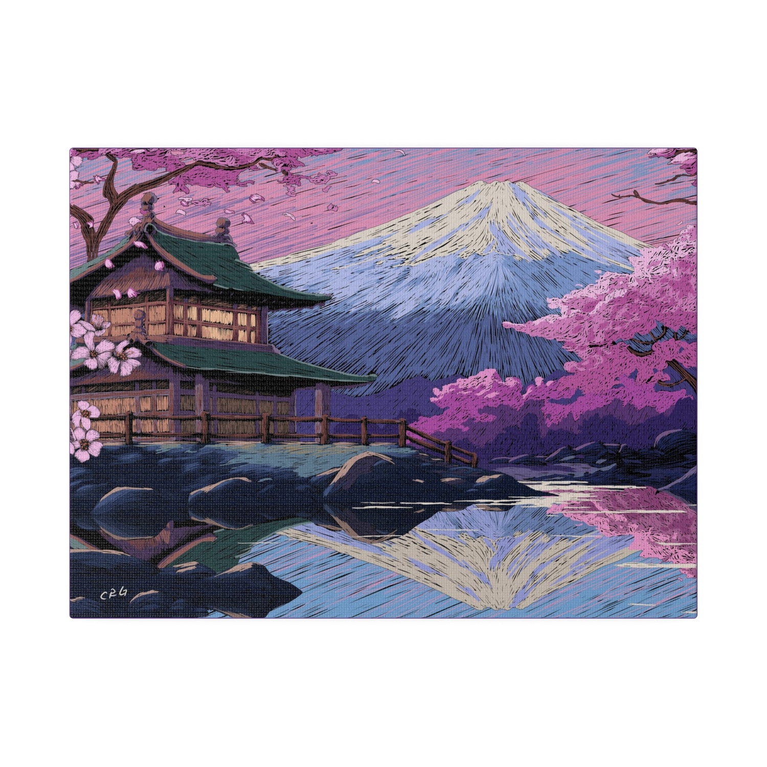 a painting of a house with a mountain in the background