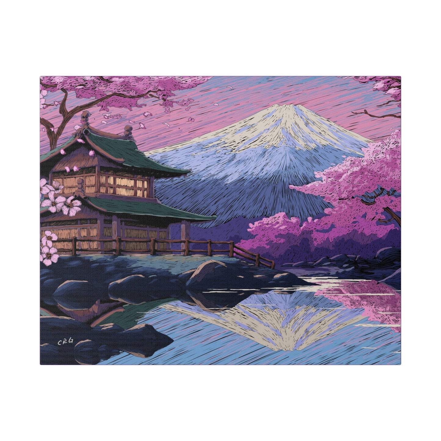 a painting of a house with a mountain in the background