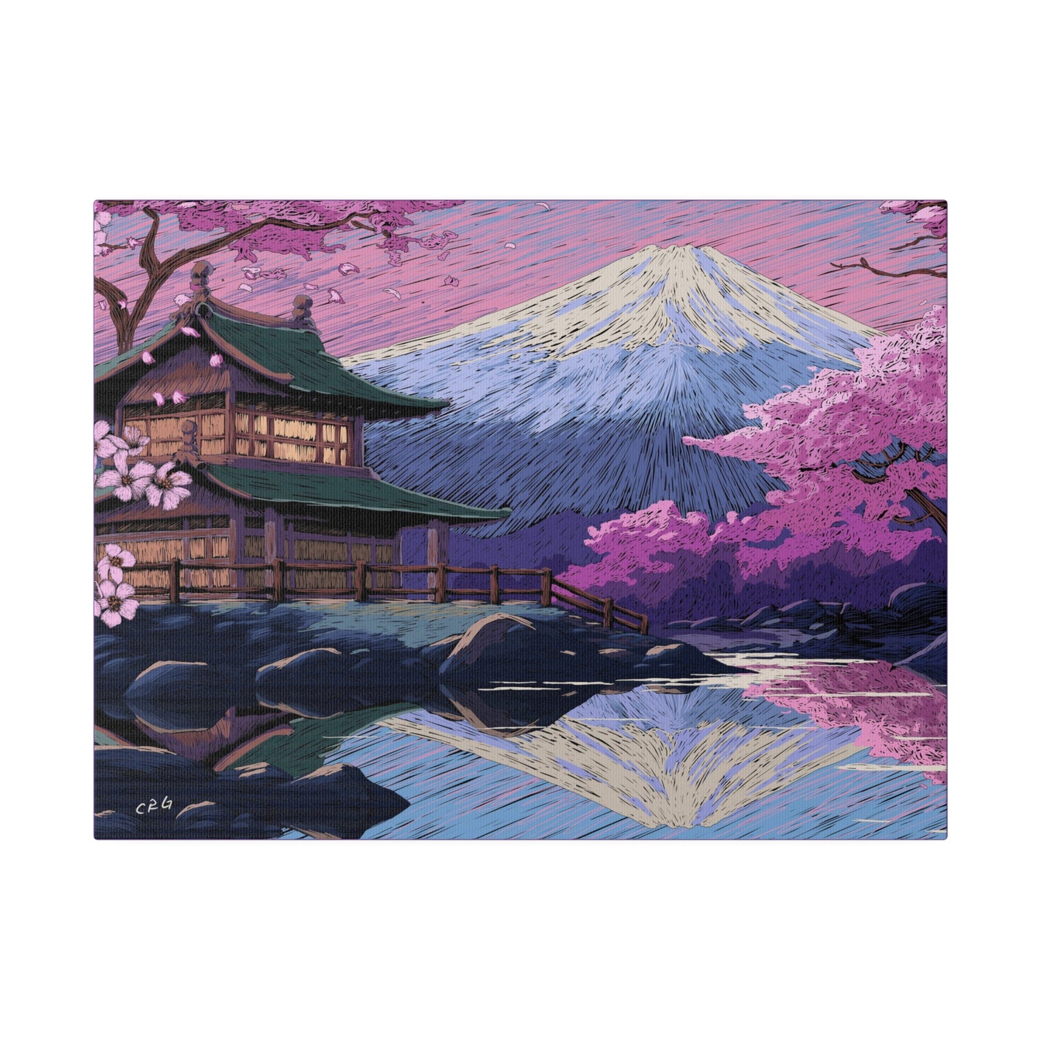 a painting of a house with a mountain in the background