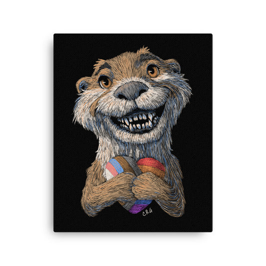 Smiling Otter with Pride Flag Heart Plushie Canvas Art Print