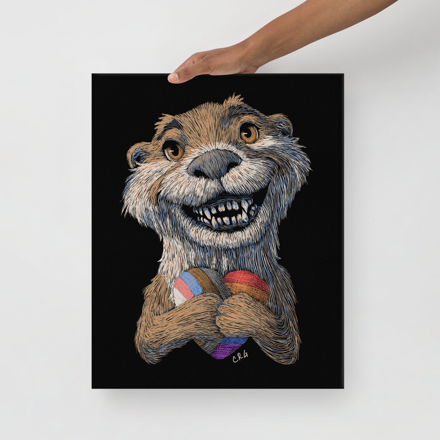 Smiling Otter with Pride Flag Heart Plushie Canvas Art Print