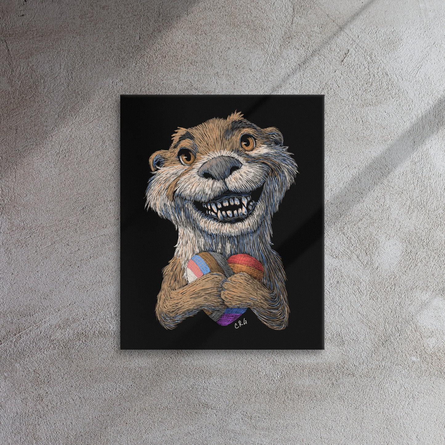 Smiling Otter with Pride Flag Heart Plushie Canvas Art Print