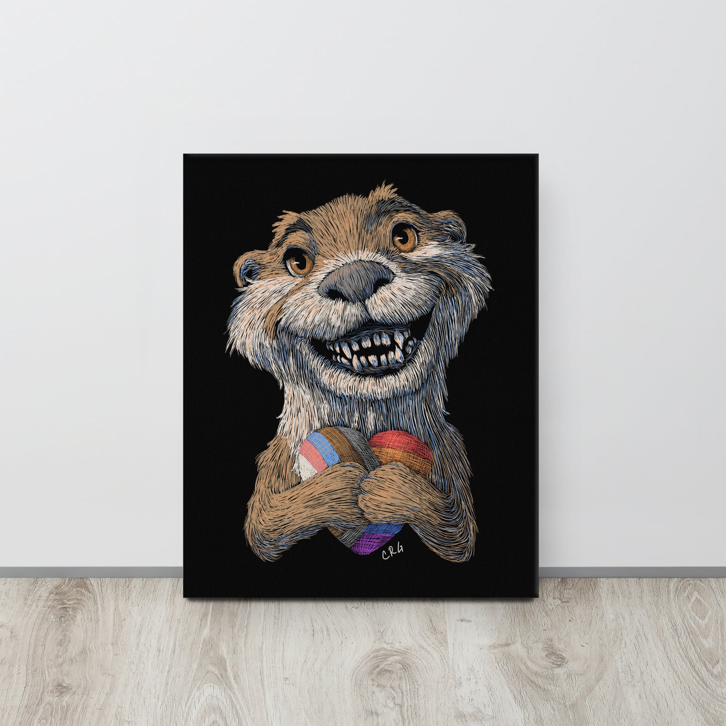 Smiling Otter with Pride Flag Heart Plushie Canvas Art Print