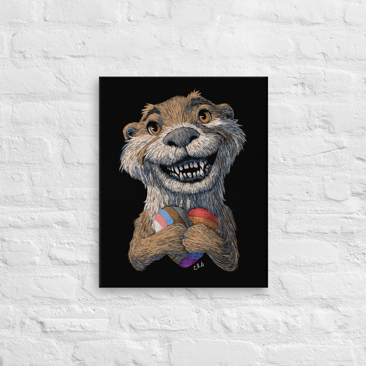 Smiling Otter with Pride Flag Heart Plushie Canvas Art Print