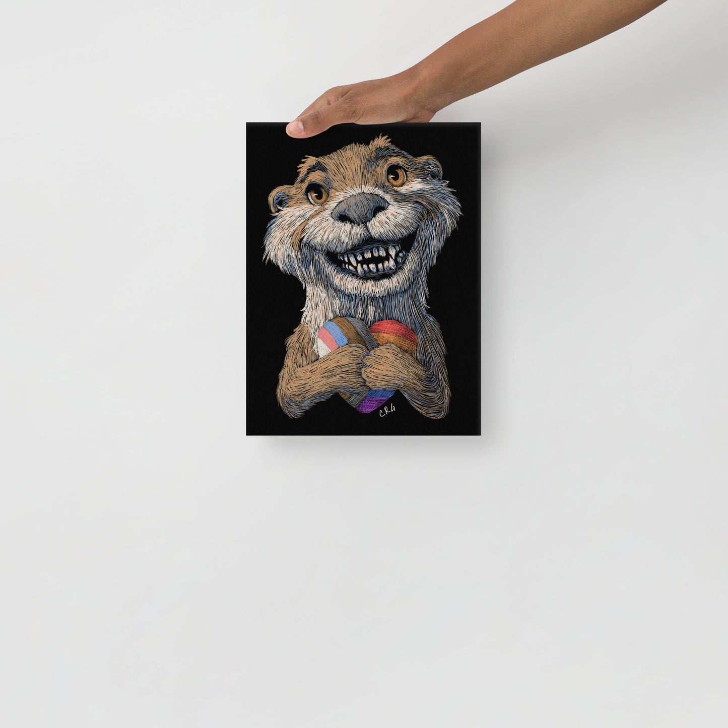 Smiling Otter with Pride Flag Heart Plushie Canvas Art Print